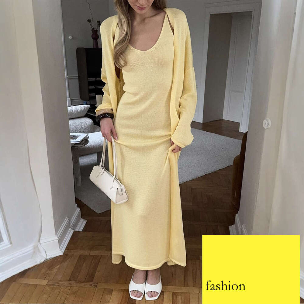 Hollow Out Vest Dress + Long Sleeve Cardigan Set For Women Soft Knitted Cover-Up B5 h7