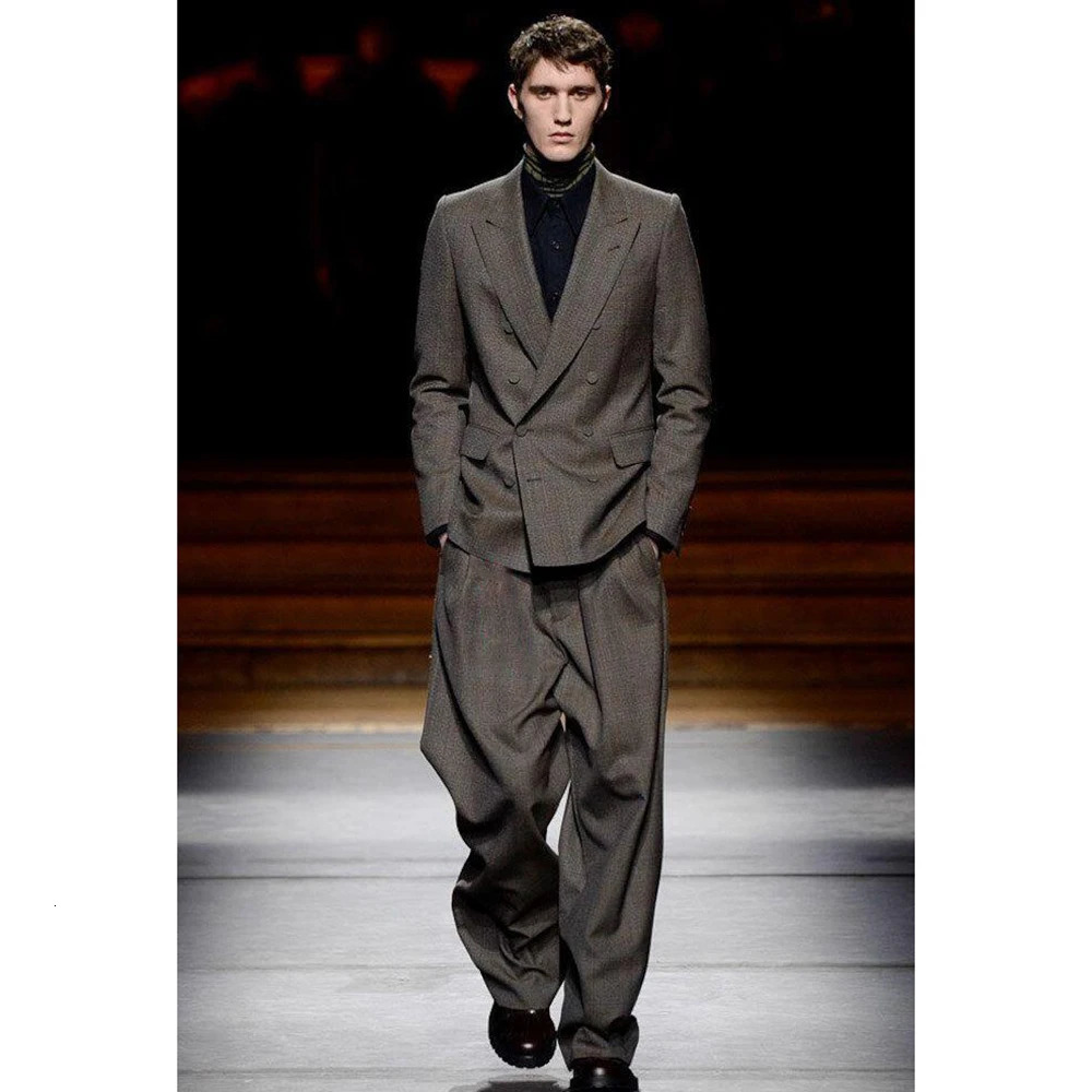 Casual Style Dark Gray Mens Suit 2 Pieces DoubleBreasted Lapel Tuxedo Daily Runway ShowBlazerPants 250807
