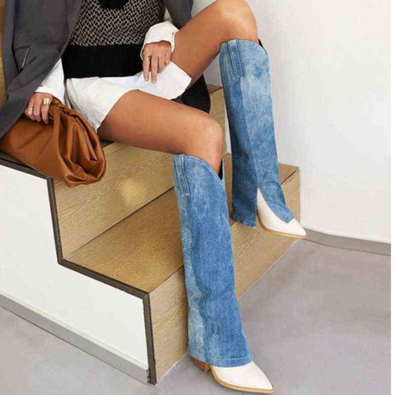 Fashionable Large Size Cowgirl-Inspired Ladies' Ankle Boots: Classic Blue Jeans & Spiked Stiletto Heels