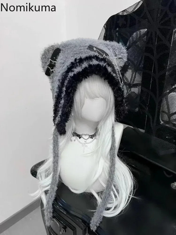 Harajuku Gothic Lolita Y2K Knitted Cat Ear Hat Women Punk er Cross Bat Winter Black Beanie Cute Hat Female Accessories Cap 250806