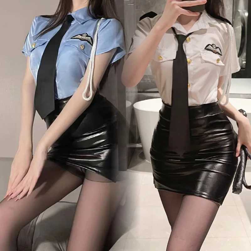 Sexy s Woman Office Lady Cosplay Women Lingerie Costume Blue Shirt with Wrap Hip PU Leather Skirt Tie and Panties Set L250807