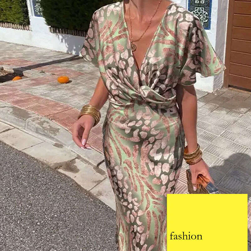 Women's Fashion Twisted Print Sexy V-Neck Mid-Length Dress B5 h7