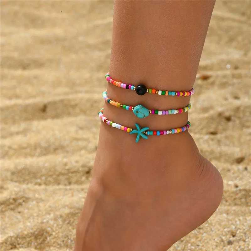 3pcs/set Irregular Turquoise Starfish Anklets for Women Rainbow Beads Pearl Pendant Foot Chains Beach Jewelry Summer Accessories Y250805