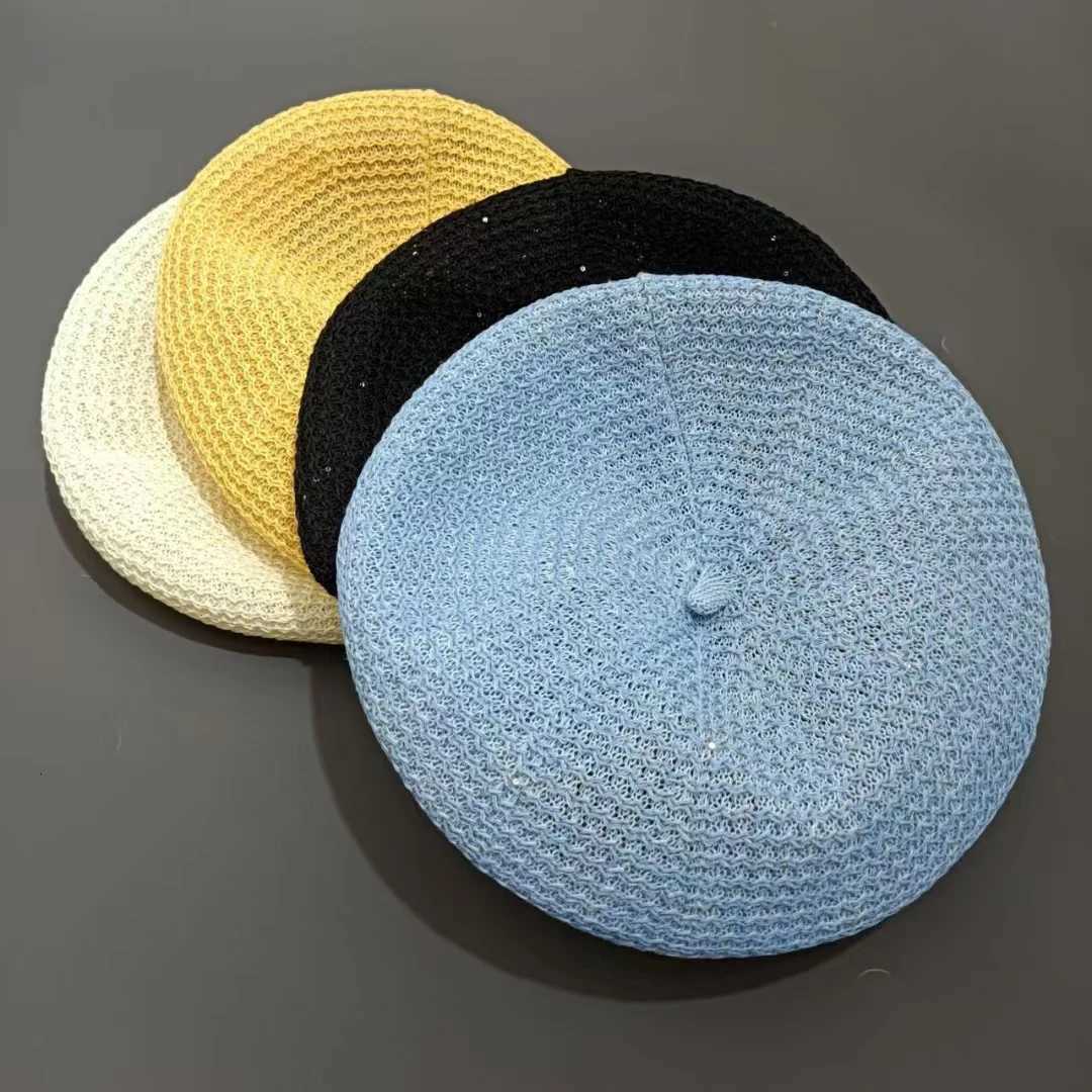 Womens French Hollow Sequined Beret Spring Summer Outfit Accessory Thin Breathable Eye-Catching Small Artist Hat Versatile Fashion XJ250807