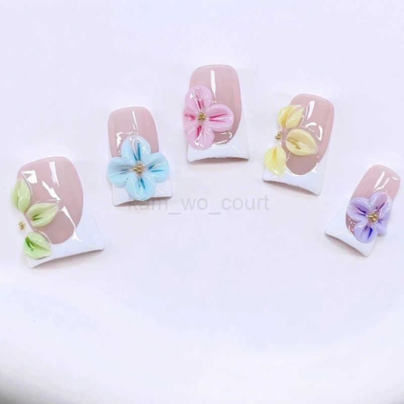 10pcs Y2K Duckbill Press On Nails Set White French Nail Tips 3d Handmade Carved Flower Nails with Steel Ball Design for Women Manicure M250807