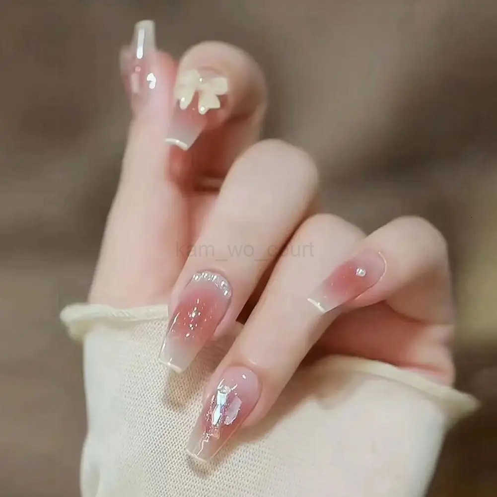 24PCS European and American Style Extended Wearing Fake Nails French Water Pipe Nail Drill Butterfly Pearl Nail Patch Nail Art M250807