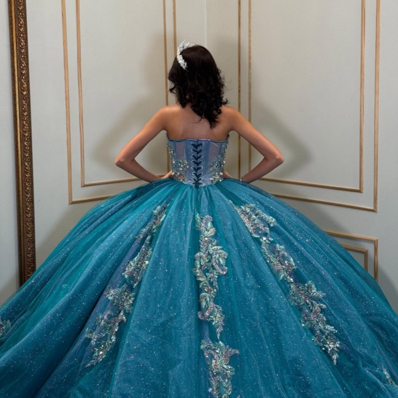 Blue Shiny Quinceanera Dresses Off The Shoulder Applique Lace Beading Crystal Tull Corset Ball Gown Vestidos De 15 Anos Sweet 16 Dress