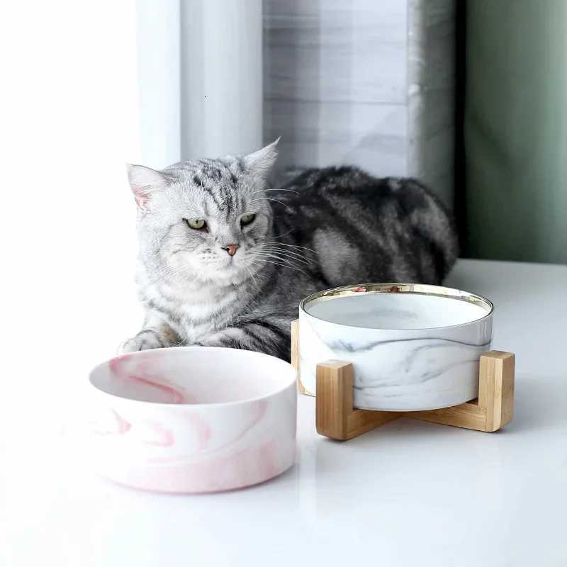 Pet Bowl Cat Bowl with Wooden Frame Cat Neck Protection Bowl Drinking Bowl Marble Double Bowl Pet Supplies Y250806