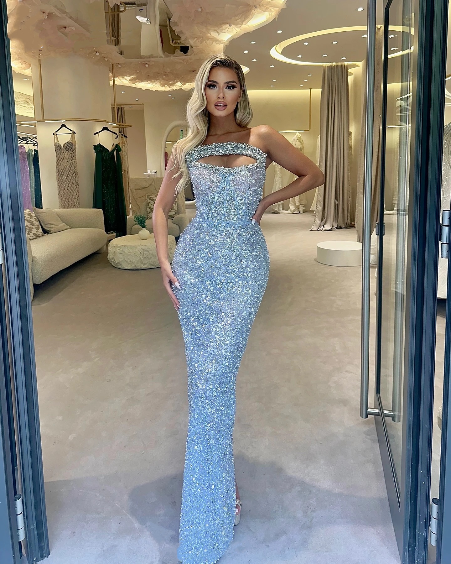Fashion Evening Dresses Crystal Strapless Prom Dress Pearls Rhinestone Sleeveless Illusion Mermaid Party Gowns Vestidos De Noche Plus Size