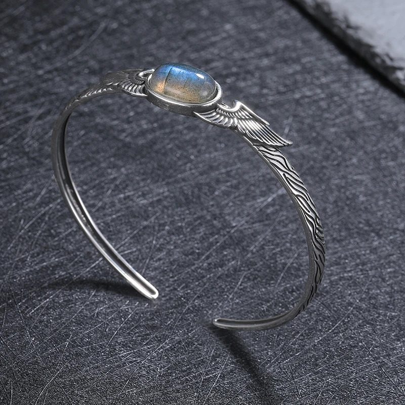 S925 Silver Bracelet Vintage Natural Labradorite Amethyst Adjustable Bangle for Women Fine Jewelry Valentine Day Gift 250730
