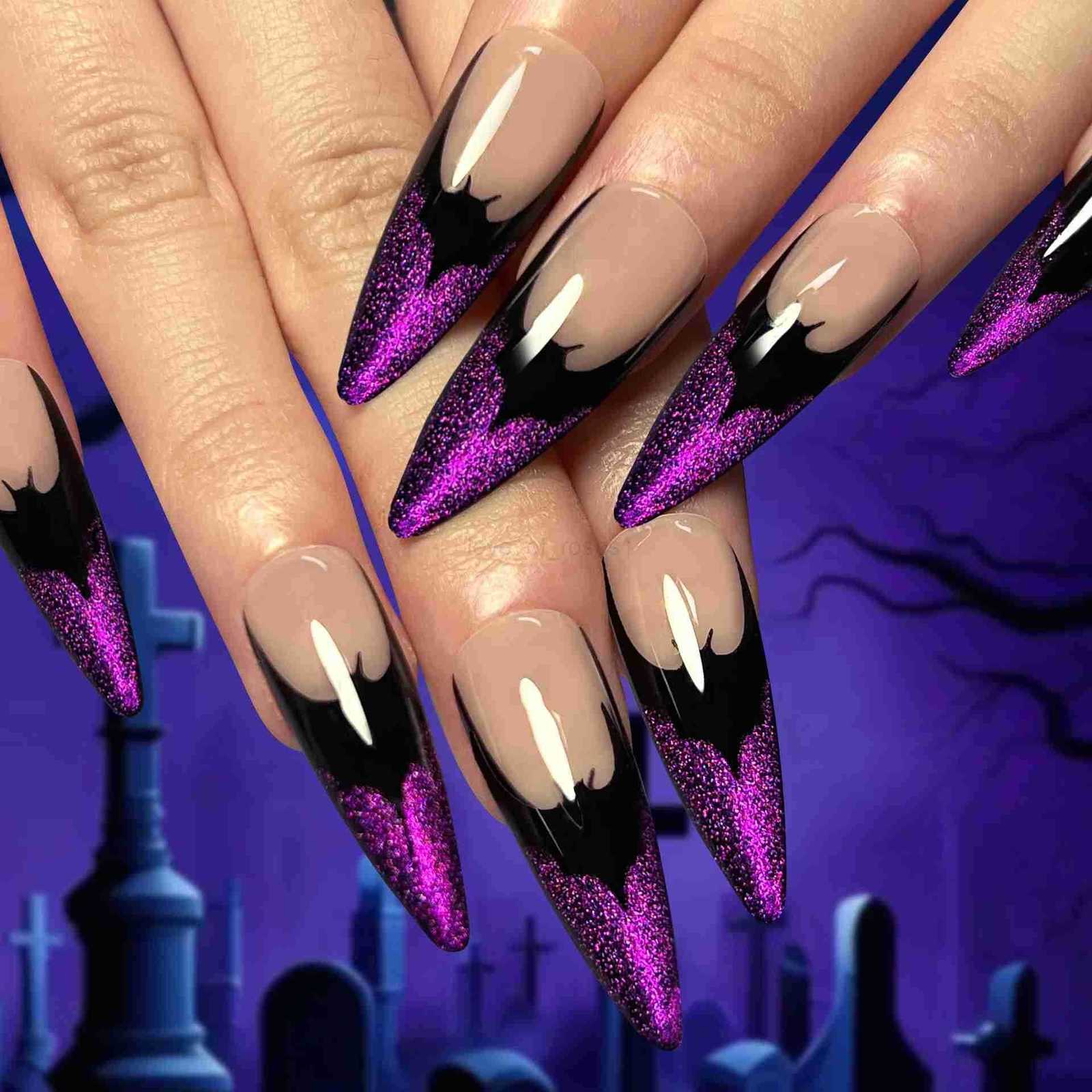 24Pcs Halloween Press on Nails Full Cover Easter Bat Cool Y2k Almond Fake Nails Wearable Manicure Nail Tips Art Z250807