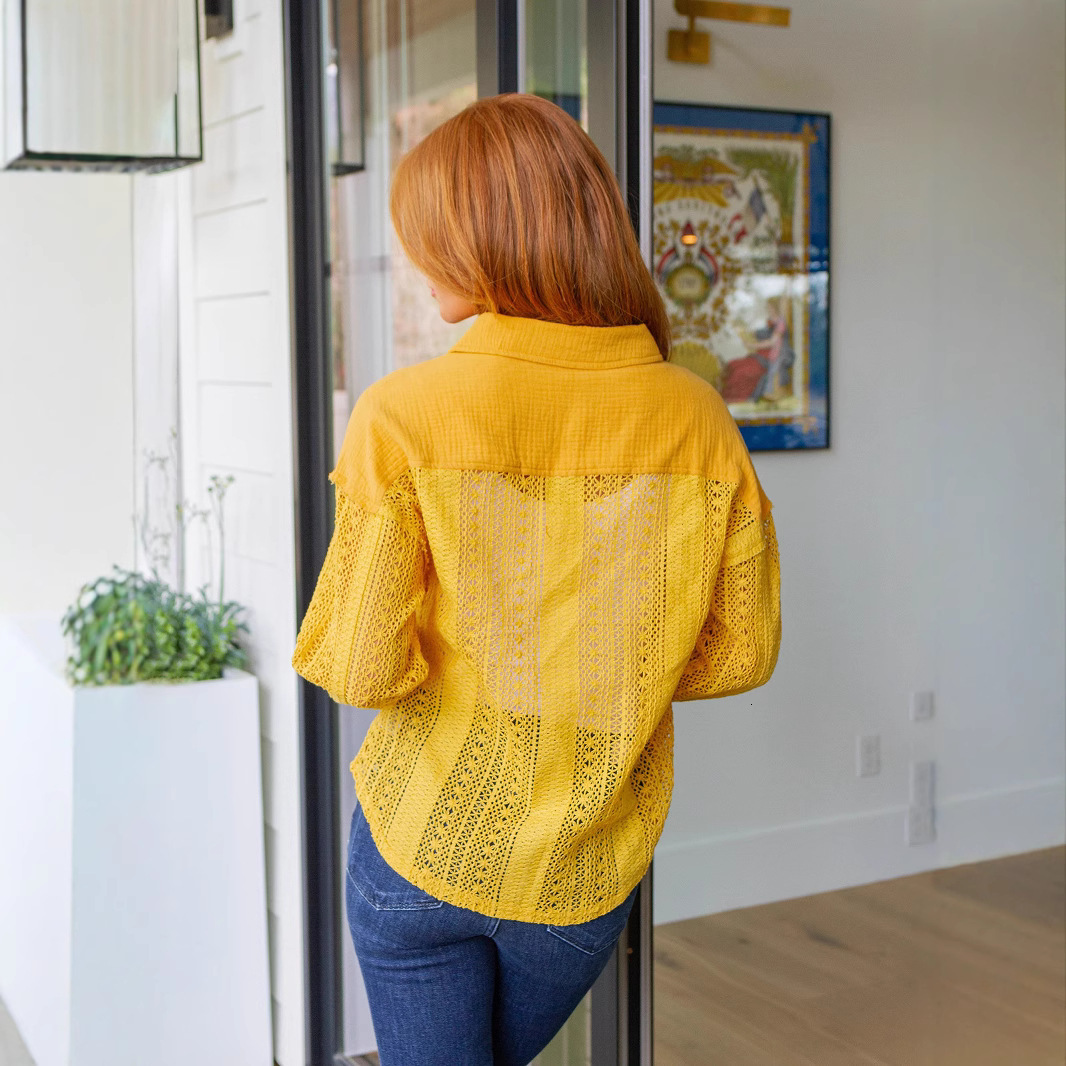 Autumn Turn-Down Collar Fake Pocket Button Long Sleeve Hollow Out Shirt Loose Casual Solid Color Top Jacket