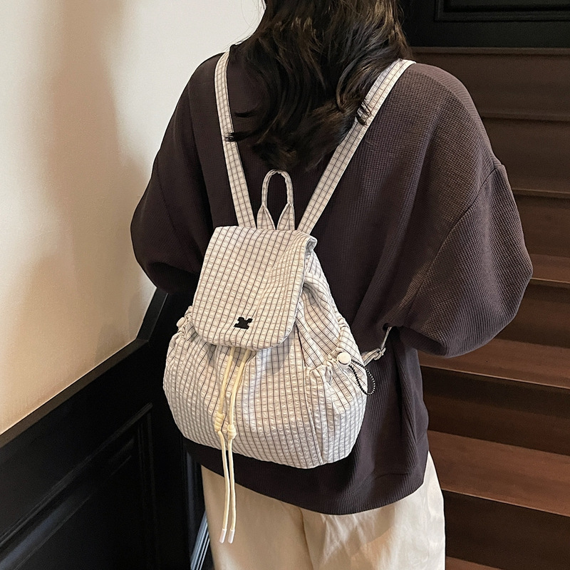 2025 Autumn New Women's Backpack Plaid fashion Korean Style Minimalist Lightweight Drawstring Large Capacity Commuting Designer