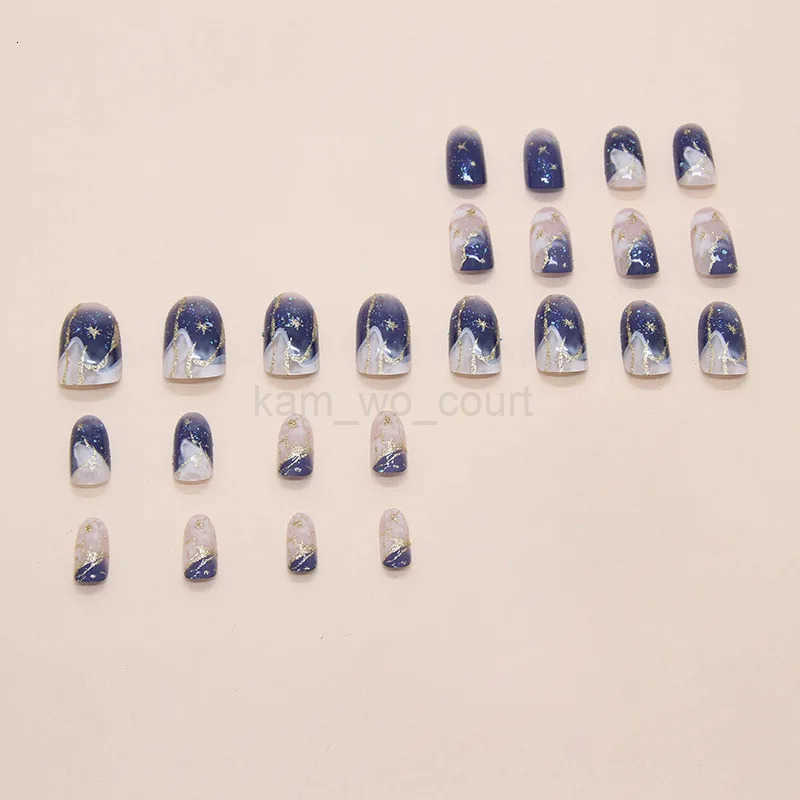 24pcs Smudging Blue False Nails Gentle Almond Gold Star Patterns Press On Nails Romantic Wearable Fake Nails Spicy Girl Manicure M250807