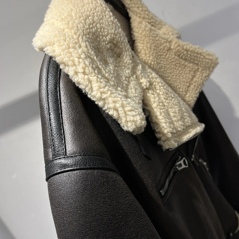 BSK TRAF autumn and winter womens fashion classic style lapel loose zipper decoration warm lamb fur jacket 250804