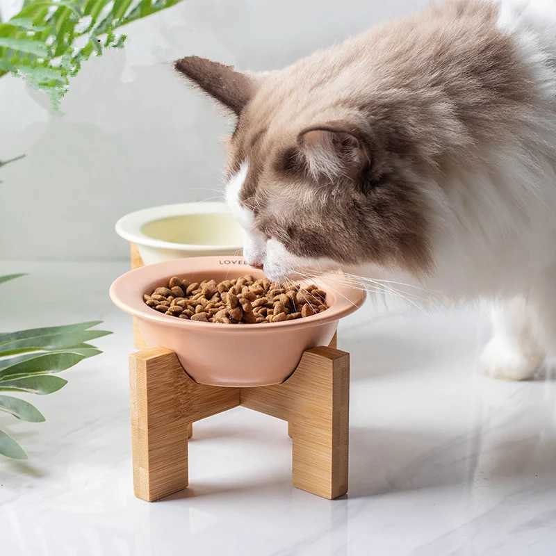 UFO Pet Cat Bowl Cervical Spine Protection Slanted Mouth Ceramic Wooden Frame Bowl for Dog Cat Pet Supplies Accessories Y250806