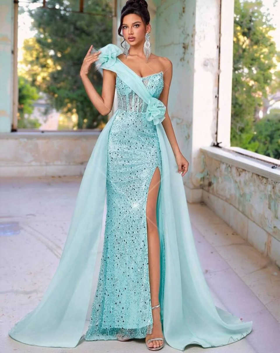 Trendy Mermaid Evening Dress Sleeveless One-Shoulder Handmade Flowers Sequins Crystal Prom Dress Customized