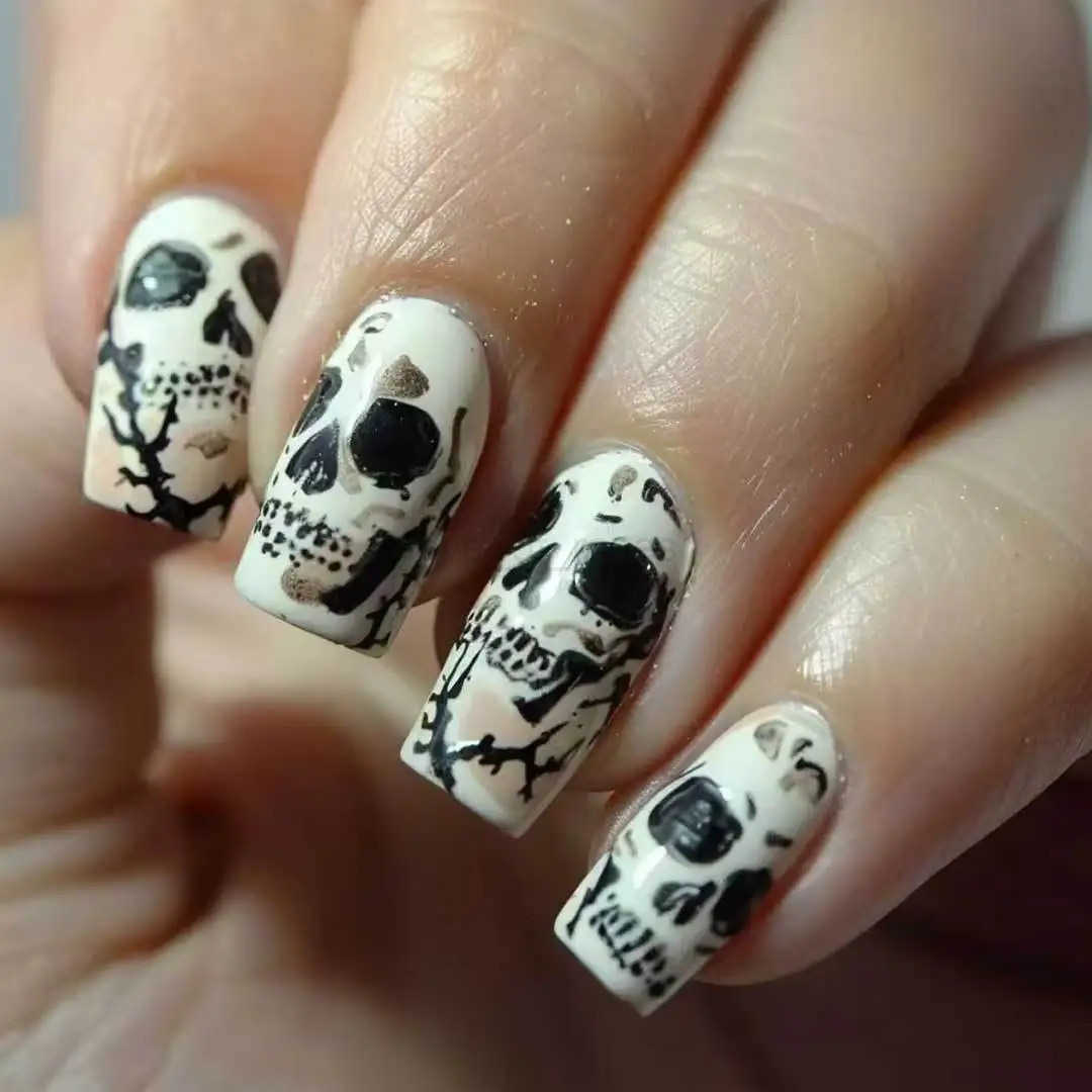 24PCS False Nails Dark Skull Patterns Halloween Medium Square Press-on Nails Full Cover Artificial Wearable Manicure Fake Nails Z250807
