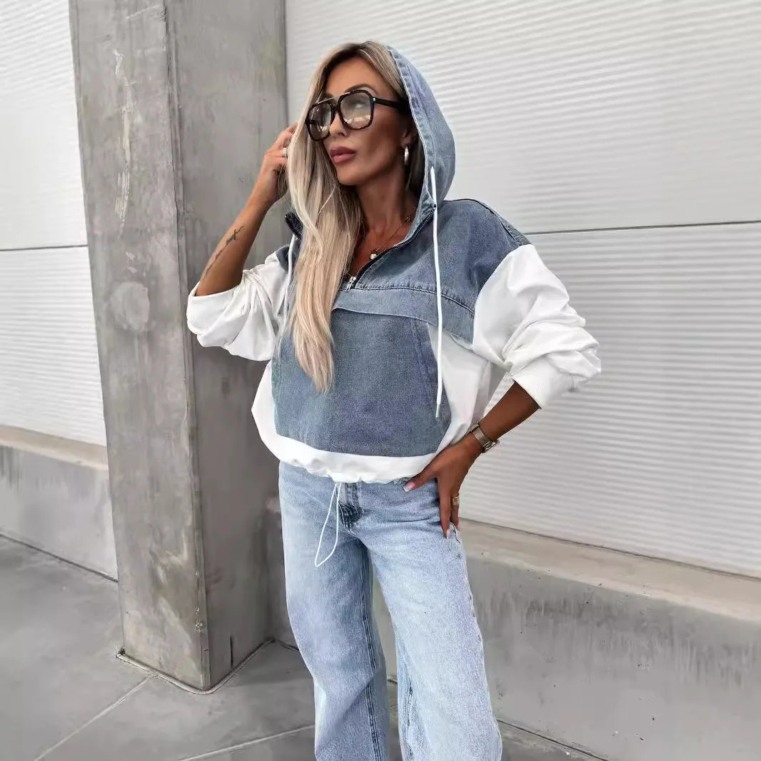 Washed Denim Sweater Hoodies Women Loose Vintage Hooded Pullover Tops Autumn Patchwork Sweatshirt Female Streetwear 250806