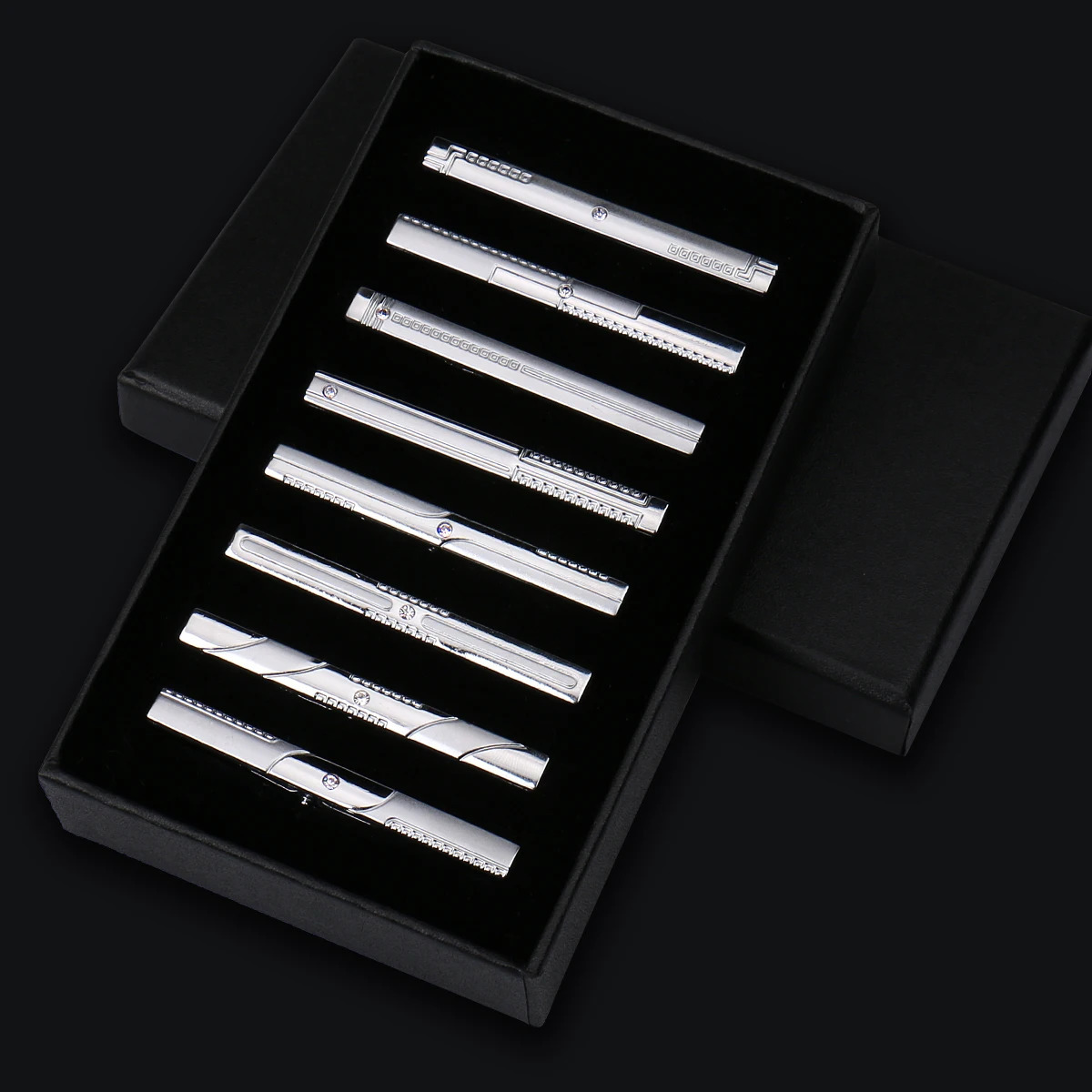 8pcs Tie Clips Metal Diamond With Box For Men Wedding Mens Necktie Clips Set Chrome Stainless Steel Jewelry Gentleman Ties Pin 250806