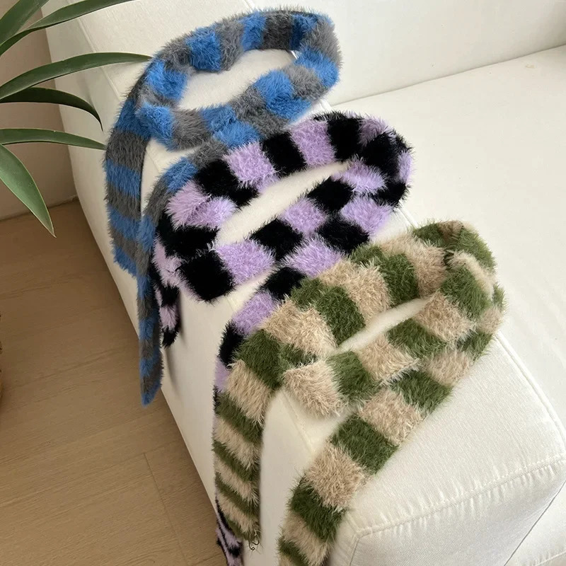 Striped Plush Scarf Womens Niche Sense Spice Girl Versatile Decoration Korean Version Thin and Narrow Long Scarf 250806