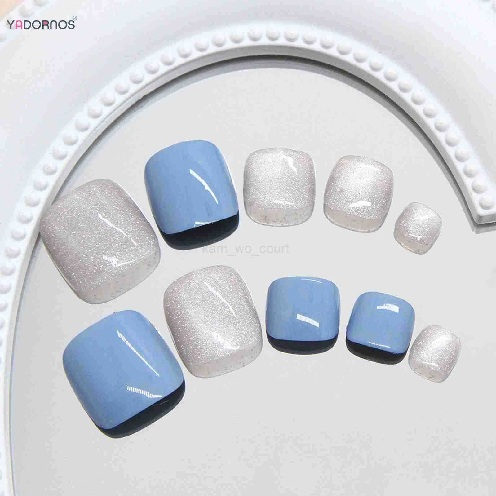 Summer Blue Fake Toenails Glossy Sequins Designs 24Pcs Short Press On Nails For Barefoot Decor Diy Manicure False Nails Art M250807