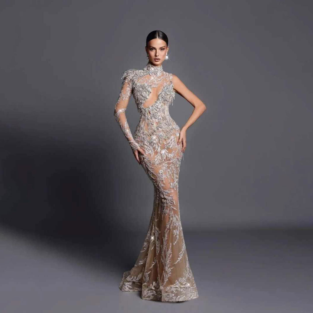 Sexy Prom Dress Mermaid Evening Dress One Sleeve High-Neck Sequins Appliques Crystal 3D Lace Prom Gowns Plus Size Customized vestido de novia L251742