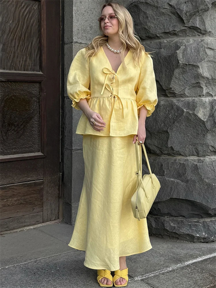 Tossy Summer Ruffled 2 Piece-Set Maxi Skirt For Women V-Neck Lace-Up Short Sleeve Shirts Top And Slim High Waist Long Skirt Sets 250804