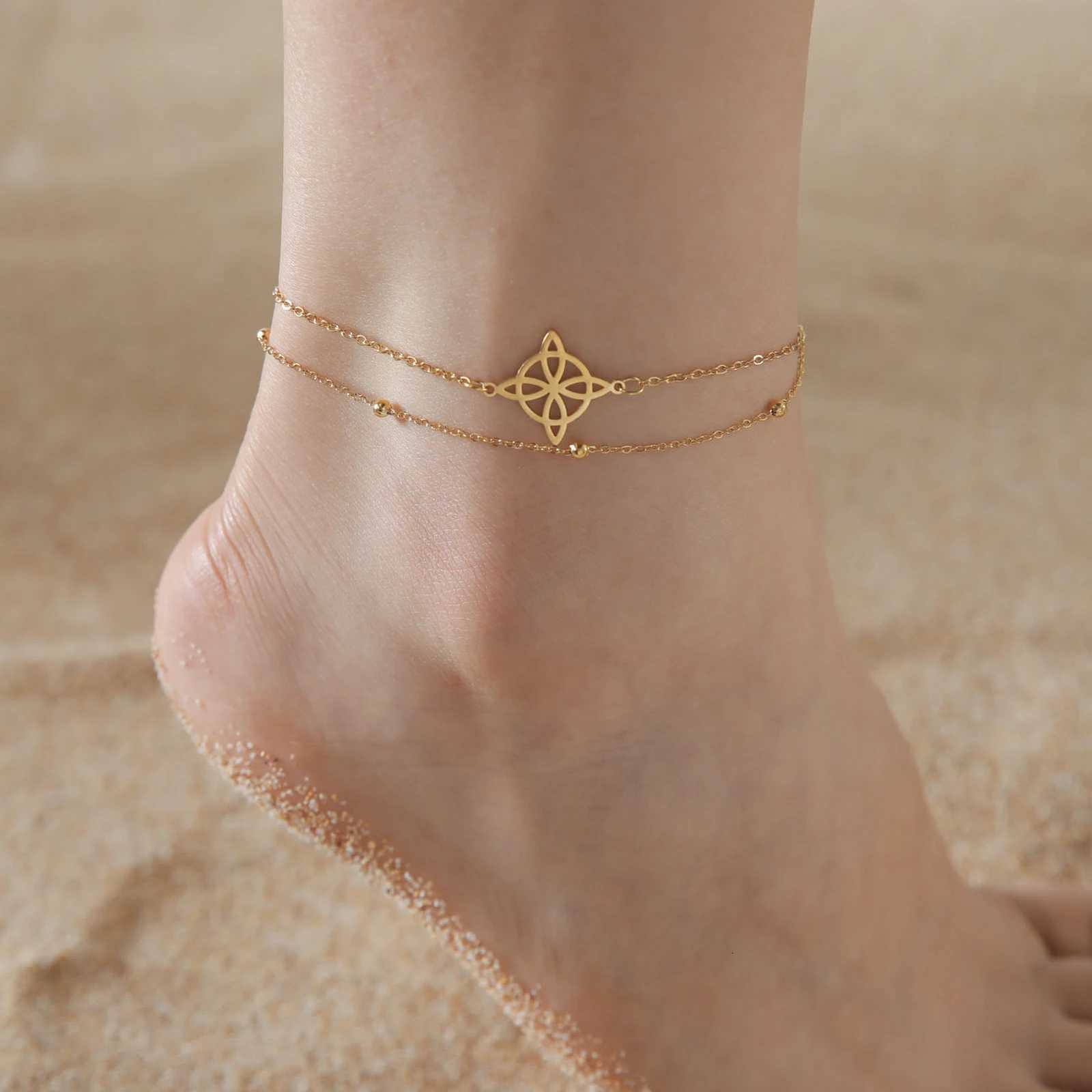 Kkjoy Fashion Bohemian Stainless Steel Layered Celtic Knot Anklet Beach Chain On Foot Witch Knot For Women Leg Chain Jewelry Y250805