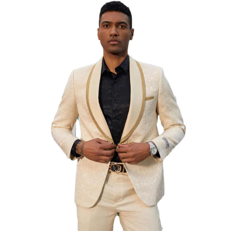 Elegant Men Suits 2 Piece Jacket Pants Shawl Lapel Wedding Groom Tuxedos Wear Party Suit Customized