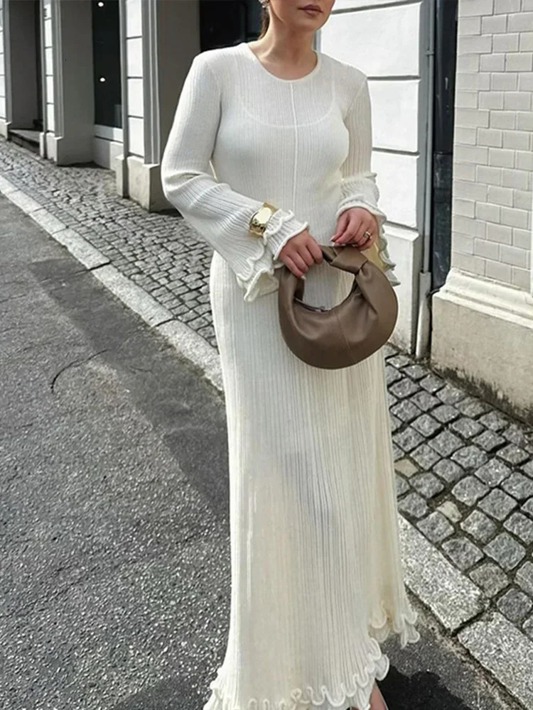 DFCF Causal Office Woman Elegant Buttons V Neck Knitted Maxi Dresses 2025 Fashion Long Sleeved Ruffles Pleasted Slim Dress 250728