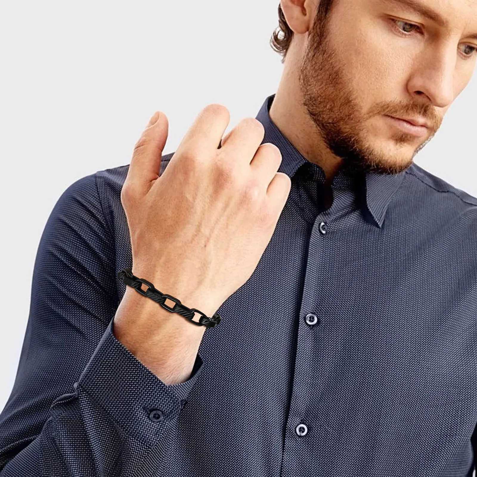 Stainless Steel Rectangular Chain Bracelet for Men Boys Chunky Black Chain Link Bracelet Hip Hop Rock Punk Jewelry W250807