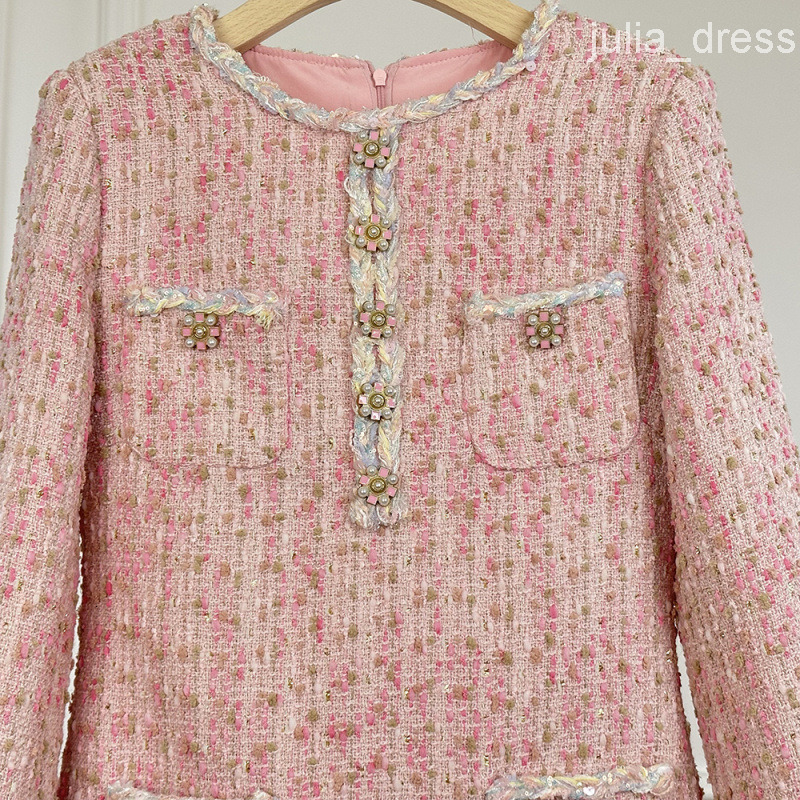 Pink Gentle Elegance Style Slimming Long Sleeve Dress Tweed Handmade Lace Mermaid Dress