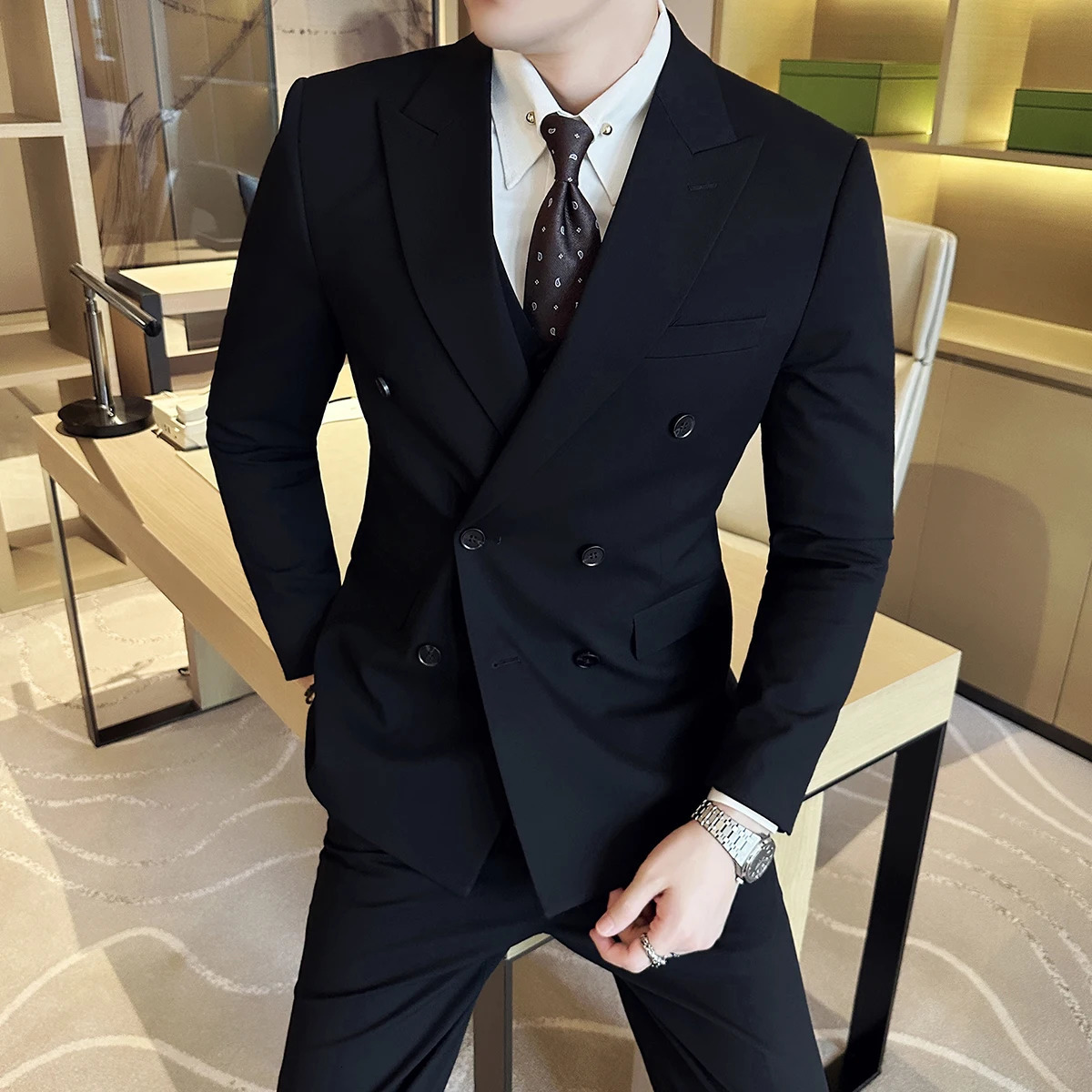 M6XL Blazer Vest Pants High end Gray Black Mens Casual Business Double breasted Suit Grooms Wedding Slim 250807