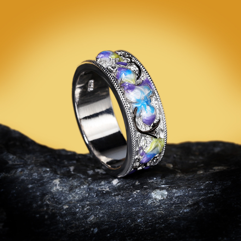Silver Tone Enamel Inlaid Band Ring With Colorful Floral And Filigree Details Artistic And Vintage-Inspired Accessory Gift For Her Unique And Intricat