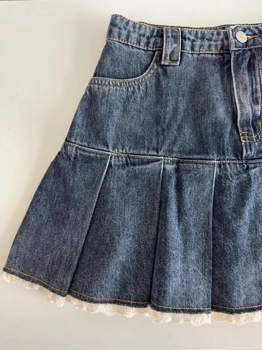 Women Blue A-line Denim Skirt Vintage Aesthetic Y2k Patchwork Lace Jean Skirt Harajuku Korean Cowboy Skirts 2000s Clothes Summer 250804