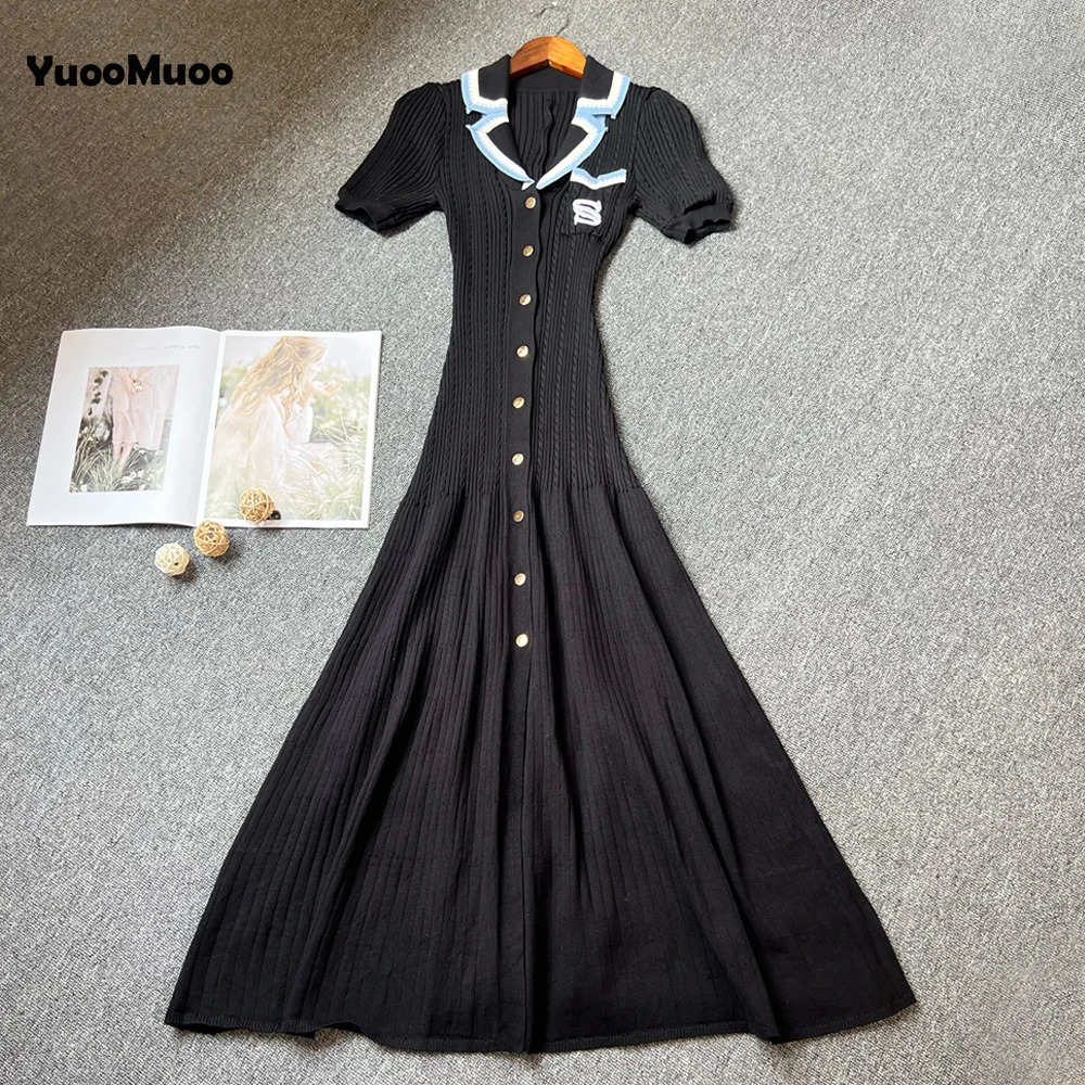 YuooMuoo Women Dress Spring and Summer Single-breasted Knitted Maxi Dress Elegant Office Lady Embroidery Sweater Dress 250806