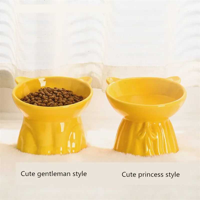 Fashion High Foot Bowl Cat Food Feeder Puppy Bowl Cute Cat Ear Ceramic Water Bowls Protection Neck Cats Bowl Pet Supplies Y250806
