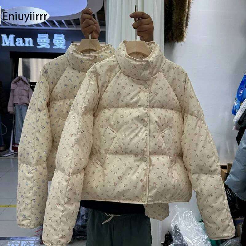 Designer Clothing 2025 Warm Cute Sweet Women Coats Cotton Printed Florals Chic Elegant Loose Thicken New Daily Winter All Match High Street Parkas