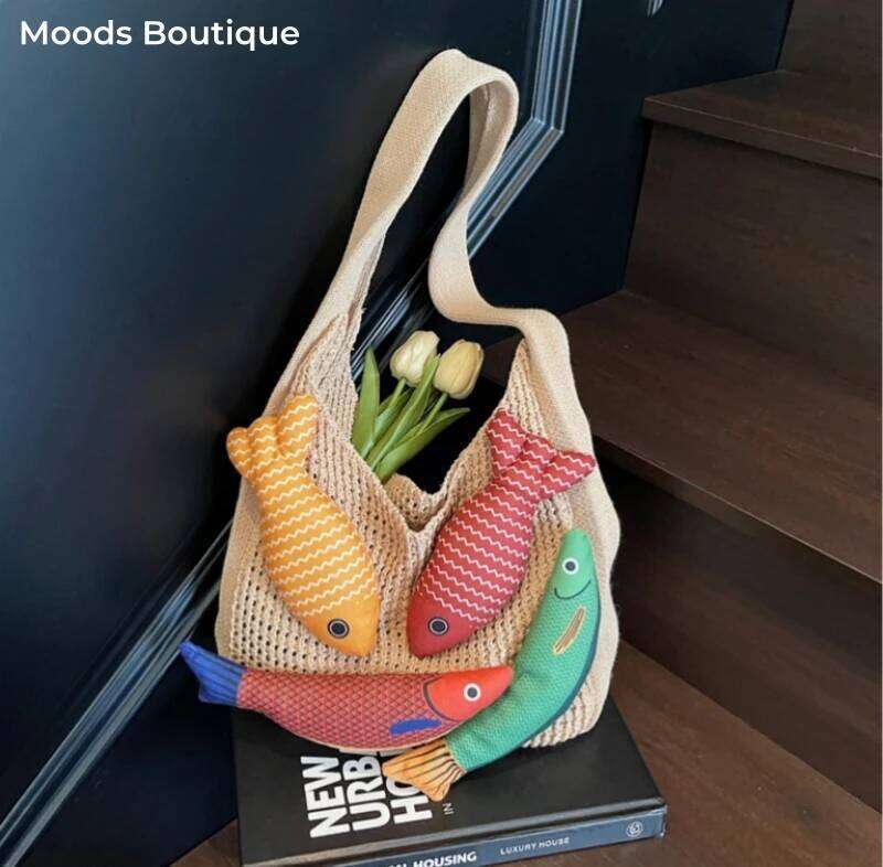 Lucky Fish Decor Shoulder Tote Bags For Women Woolen Knitted Large Capacity Shopper Totes Koi Design Casual Street Handbags 2025