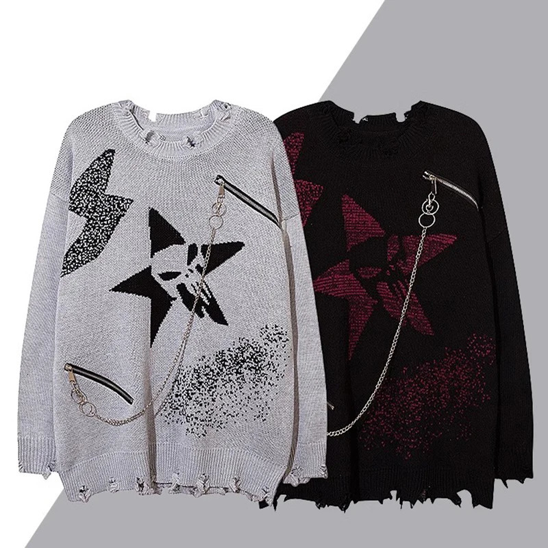 Star Chain Hole Mens Sweater American Gothic Vintage Hip Hop Couple Knitwear Pullover Winter Oversize Jumpers 250807