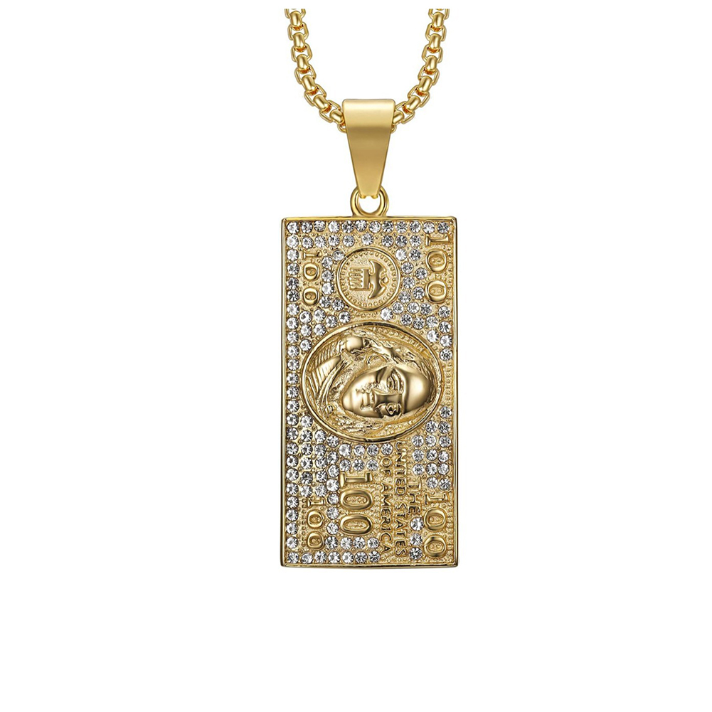 Hip Hop Hundred Dollars Pendant Necklace Stainless Steel Gold Plated Jewelry