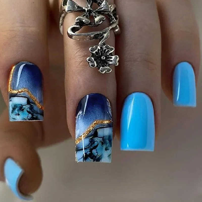 24Pcs Deep Ocean Square Full Cover Fake Nails Short Blue Wave Press-on Nails with Glue Gradient Acrylic False Nail Manicure Tips M250807