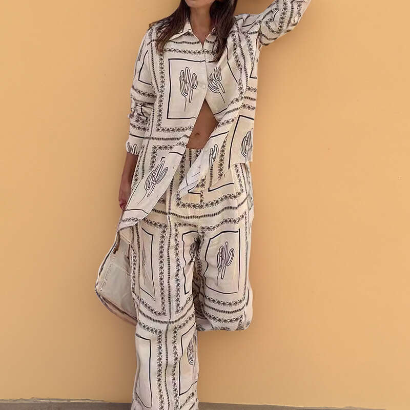 Women's Printed Long Sleeve Shirt Wide Leg Pants Early Autumn Lazy Style Fashion Set Homewear B5 h7