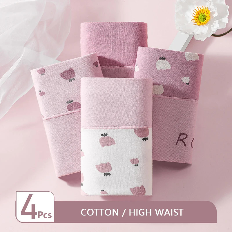 4Pcs Cotton Women Panties Breathable Underwear Fashion Print Ladies Briefs Slim Soft Underpants HighRise Sexy Lingerie 250807