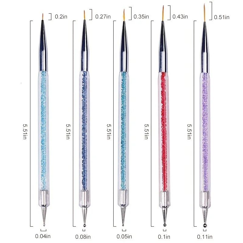 5pcs/Set 2 In 1 Dual-Ended Nail Art Liner Brushes With Crystal Handle Professional UV Gel Dotting Painting Drawing Pen DIY Tools 250805