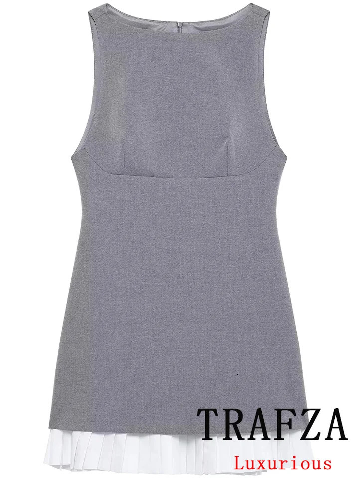 TRAFZA Sleeveless O-Neck Mini Gray Dress for Women Sexy Patchwork Zipper Club Casual Fashion Spring Summer 2025 Vintage Dresses 250804