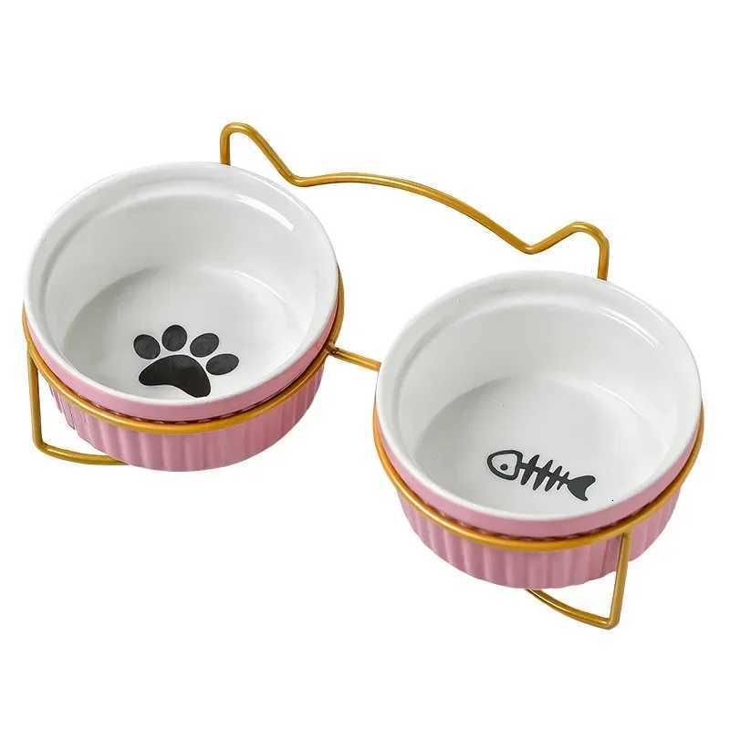 Double Ceramic Pet Bowls with Iron Frame Anti-slip Dog Cat Feeding Bowls Food Water Dishes Dog Accessories Y250806