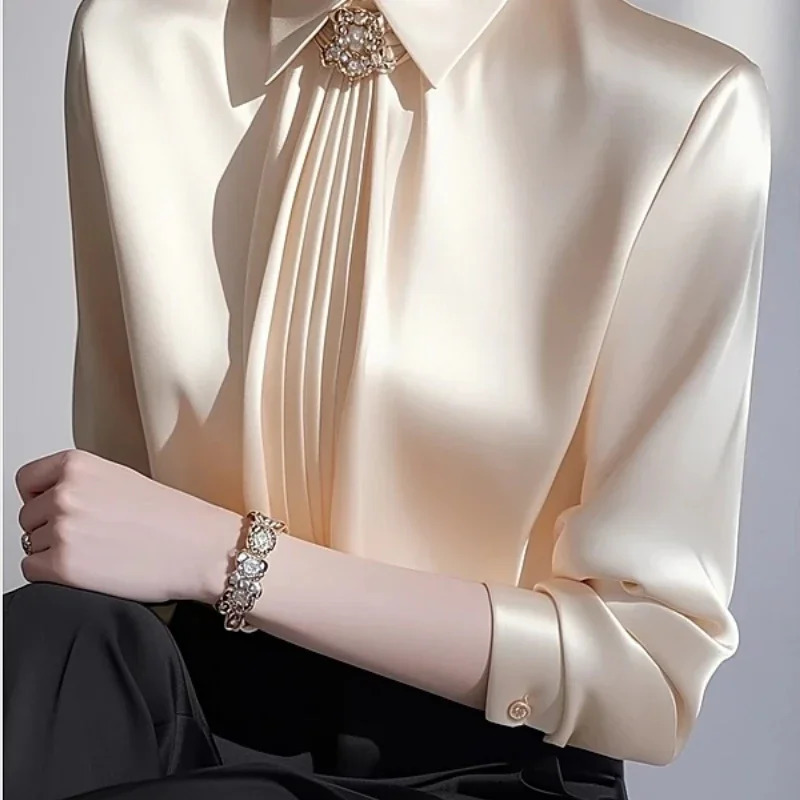 Satin Womens Blouses Korean Office Lady Shirts FASHION Loose SpringSummer Vintage Clothing Solid Long Sleeve Women Tops 250806