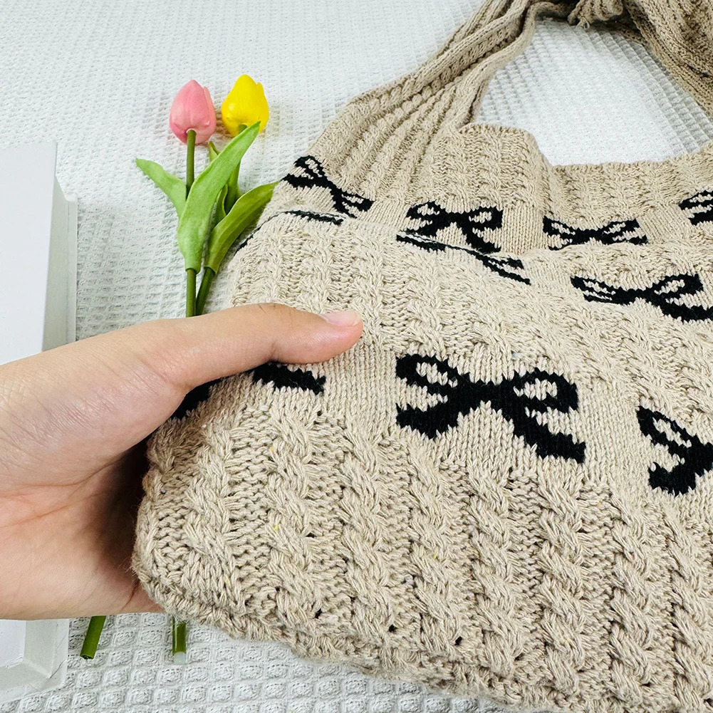 Knitted Handbags Large Capacity Bow Pattern Crochet Tote Bag Bow Pattern Crochet Tote Bag Multifunctional Knitted Shopping Bag 250807